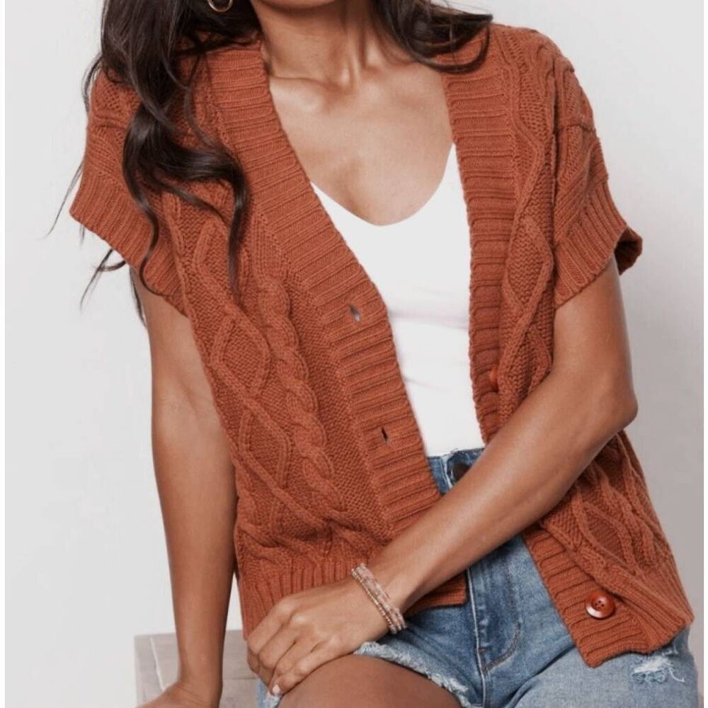 NWT Evereve Jamison Sweater Women's Medium Rust Kaia Short Sleeve Cardigan